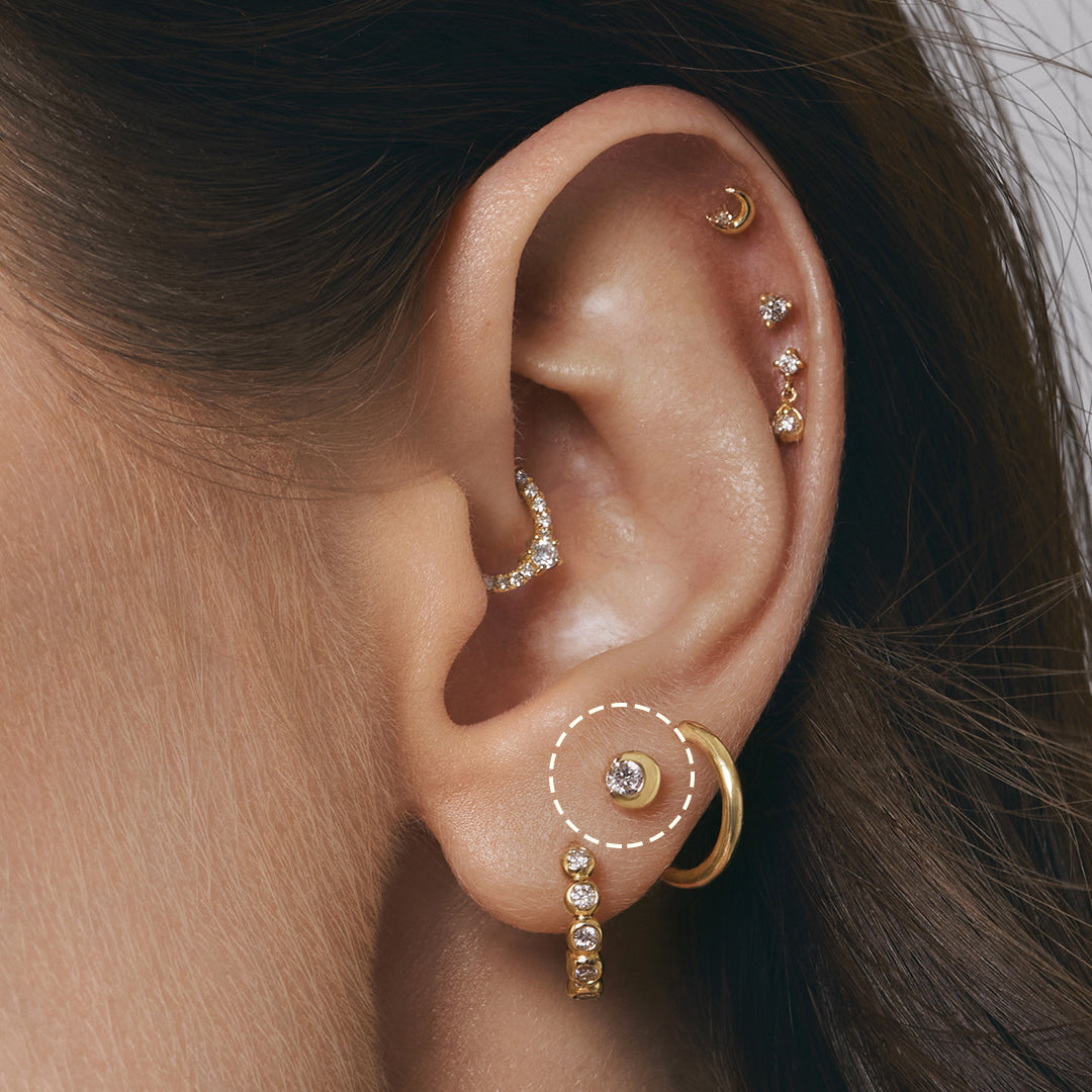 14k solid gold Bezel Half Moon Lab Grown Diamond Threadless Flatback Earring