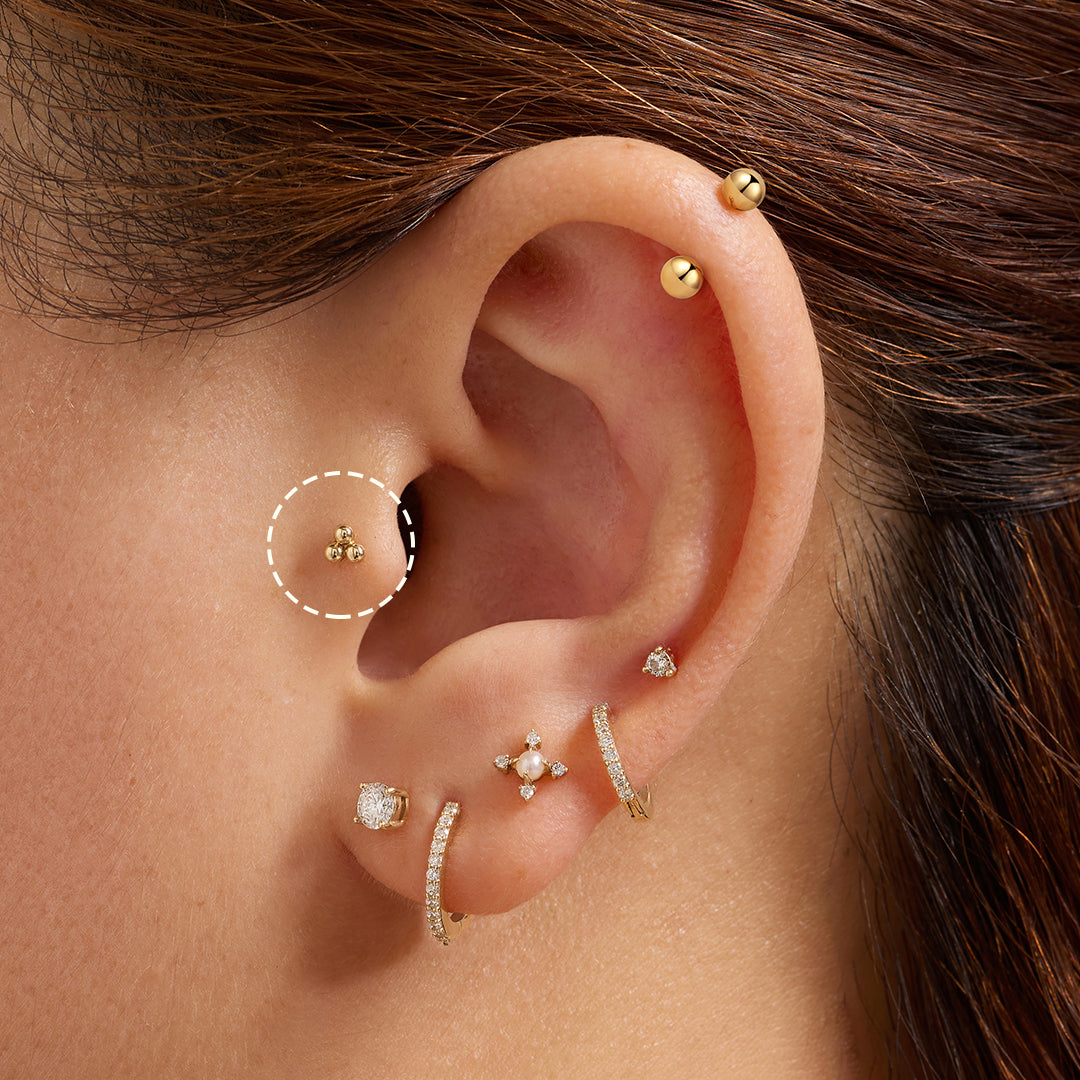 14k solid gold Trio Dots Single Threadless Flat back Earring