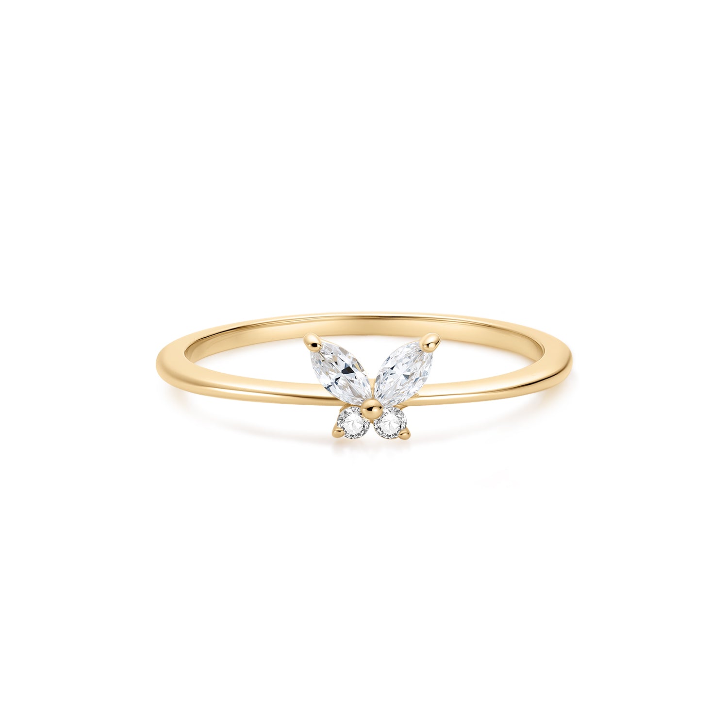Butterfly-shaped ring in 14K gold with marquise and round lab-grown diamonds, symbolizing transformation and grace