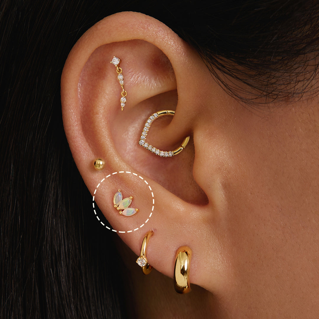 14k solid gold Triple Opal Threadless Flat back Earring