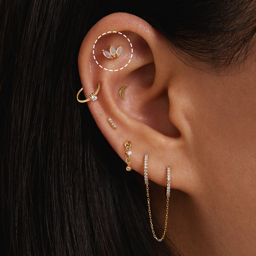 14k solid gold Triple Opal Threadless Flatback Earring