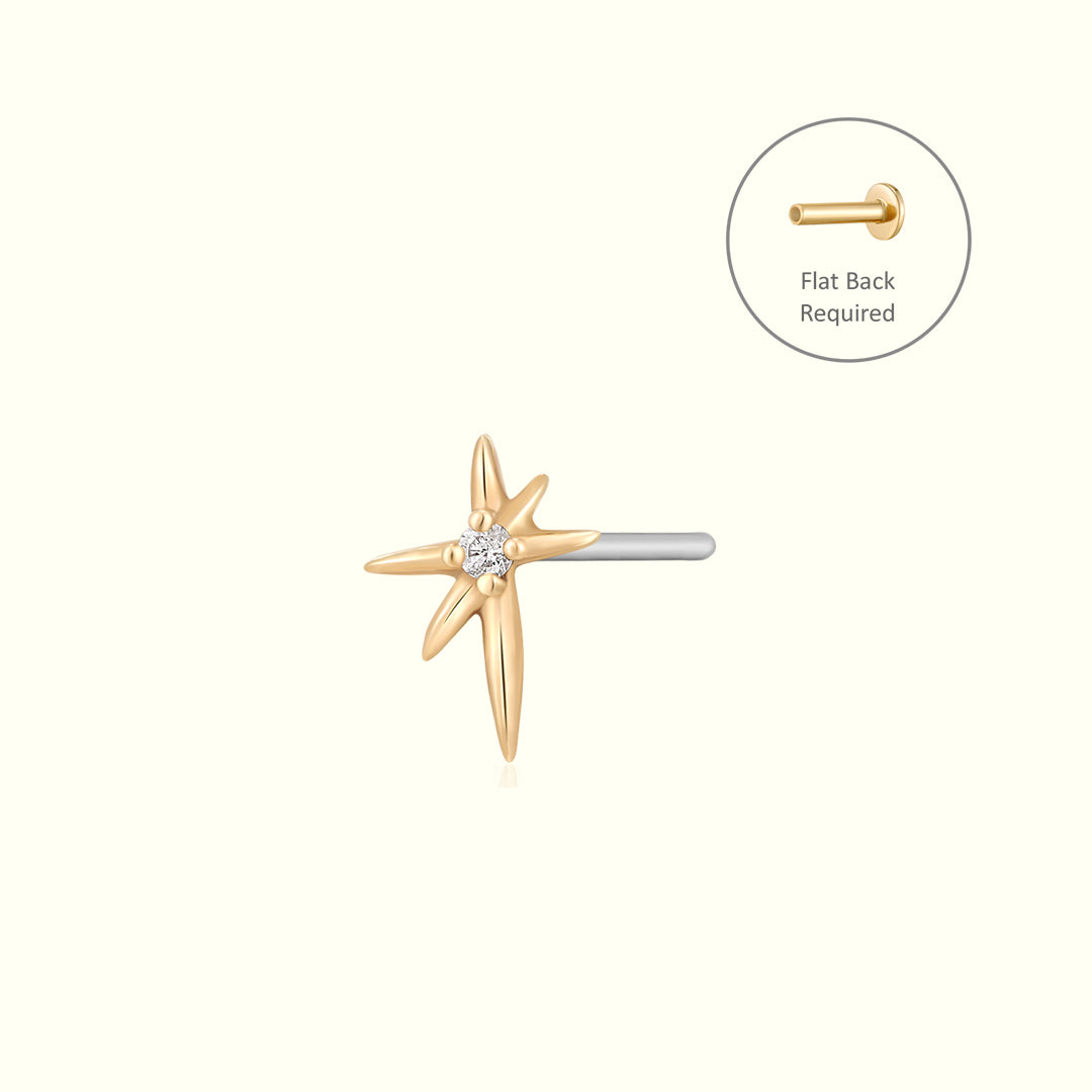 14k gold Single Diamond Starburst Threadless Flat back Earring