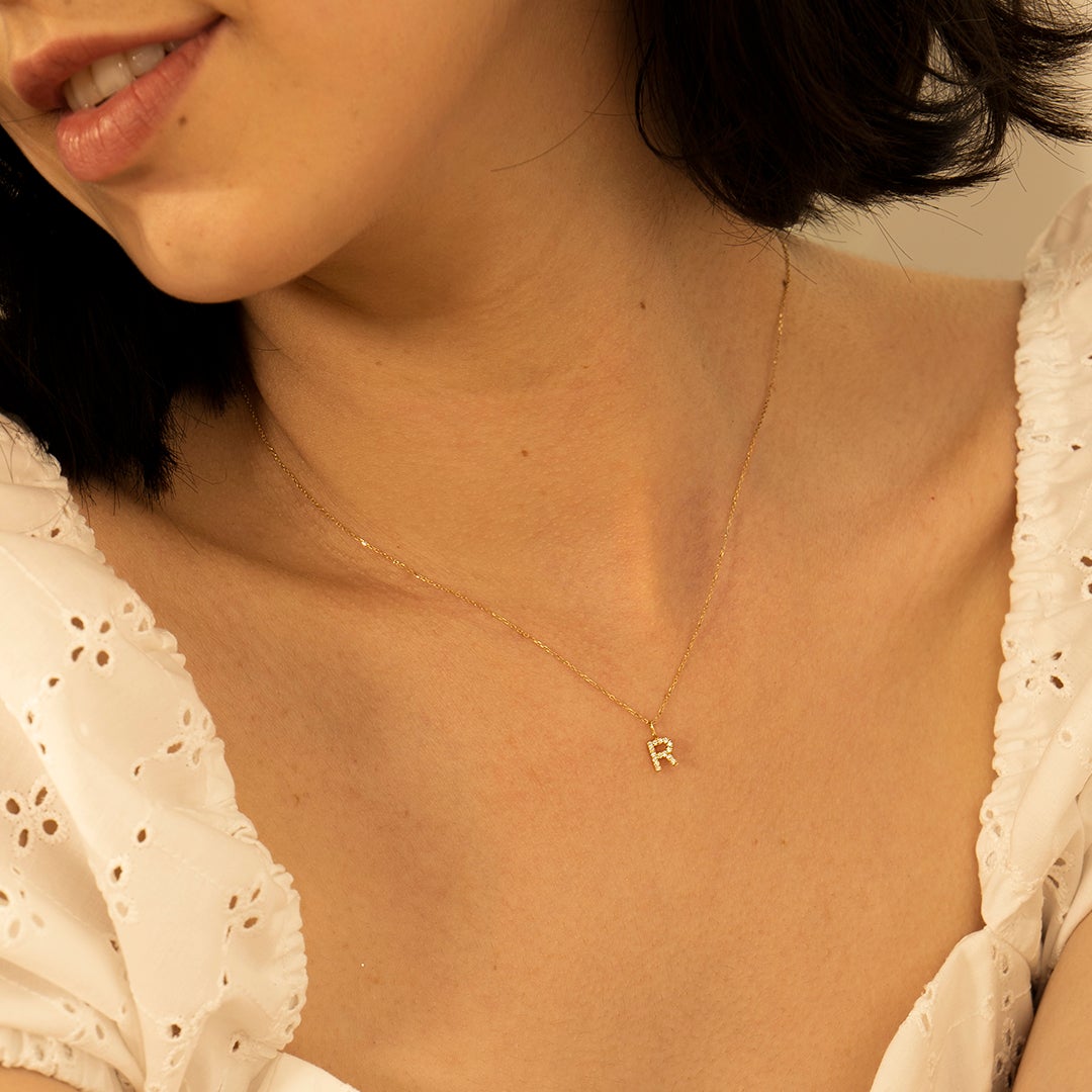 R | Diamond Initial Charm Necklace Charms AURELIE GI