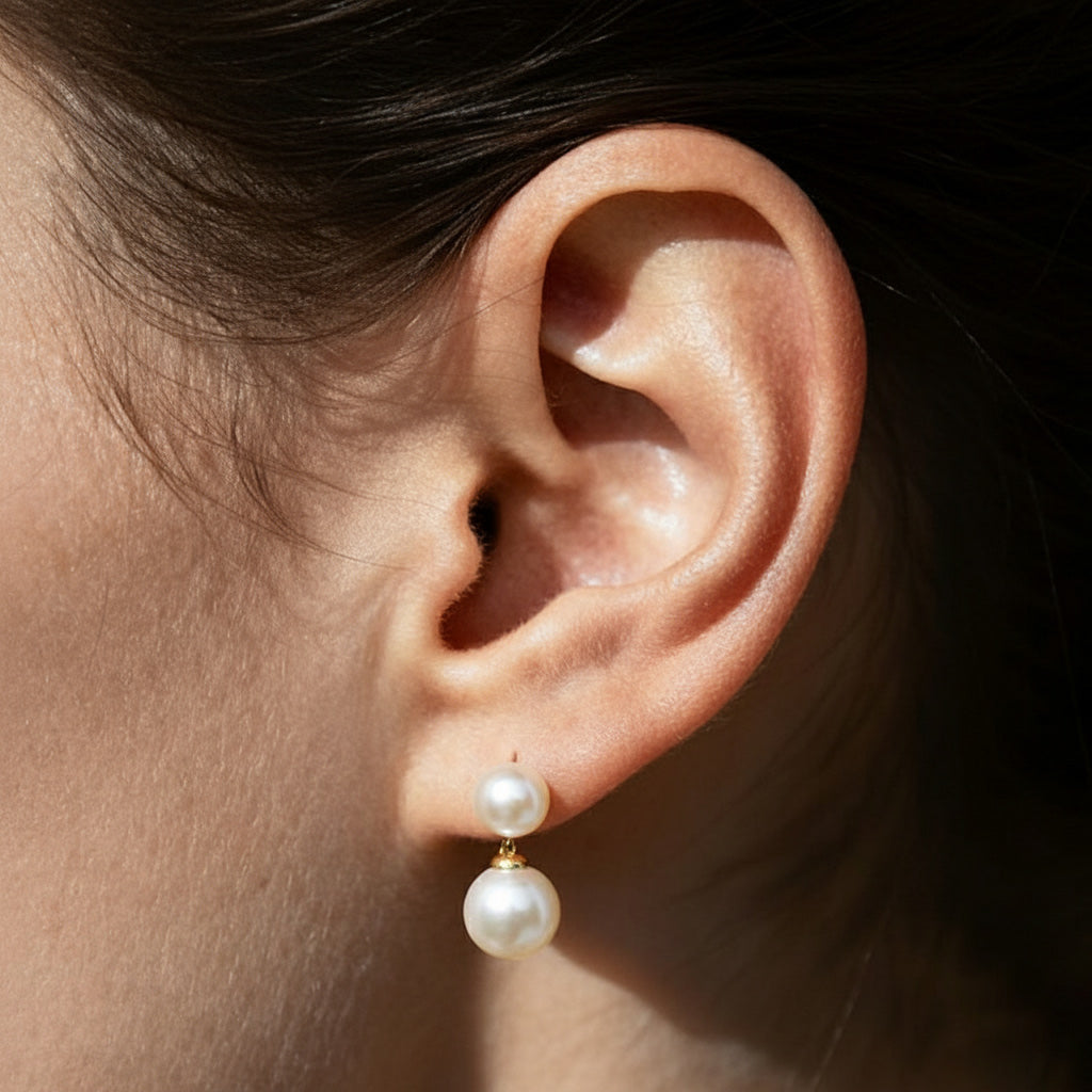 aurelie gi 14k Double Pearl Drop Single Stud Earring