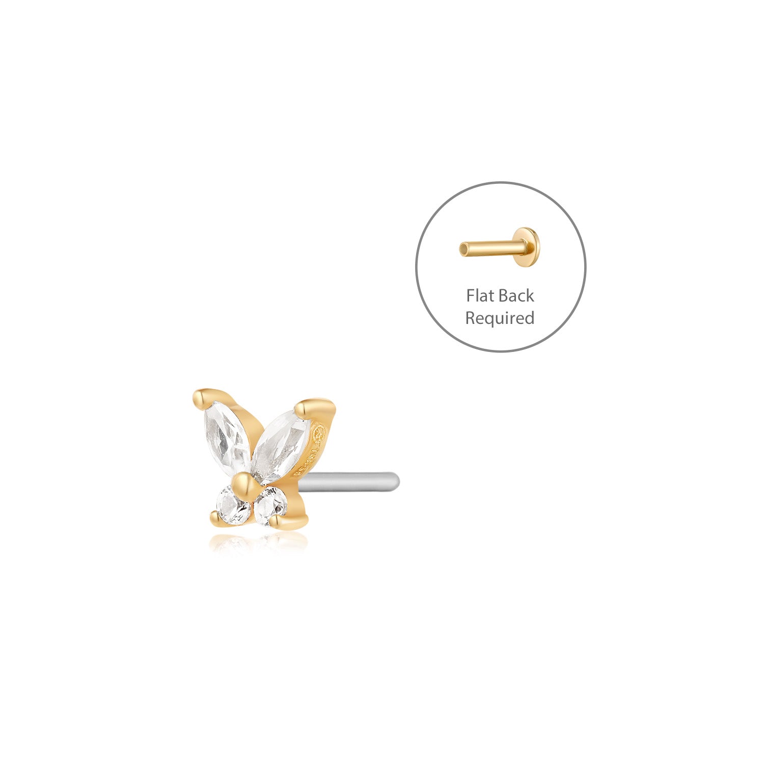Aurelie gi 14k gold White Sapphire Butterfly Threadless Flatback Earring