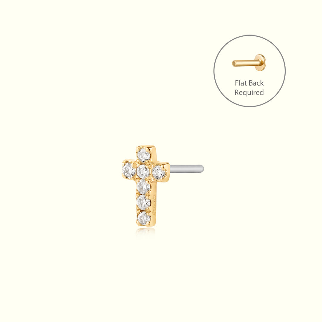 14k gold Lab Grown Diamond Cross Threadless Flat back Earring