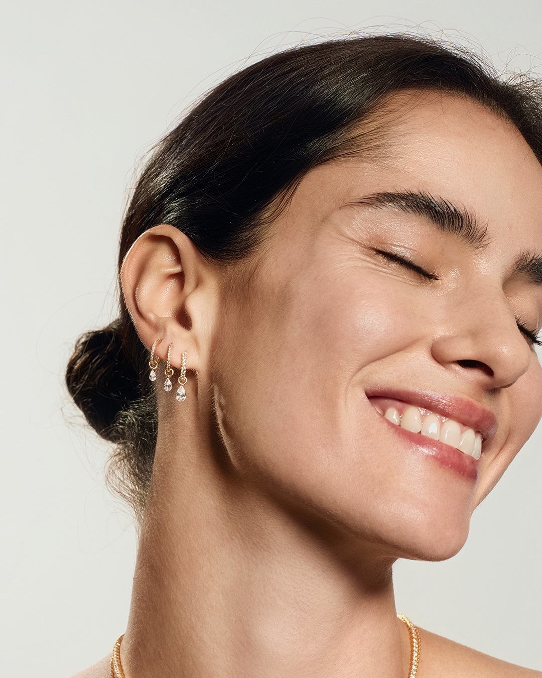 Pear Lab Grown Diamond Drop Pavé Single Huggie Hoop on model