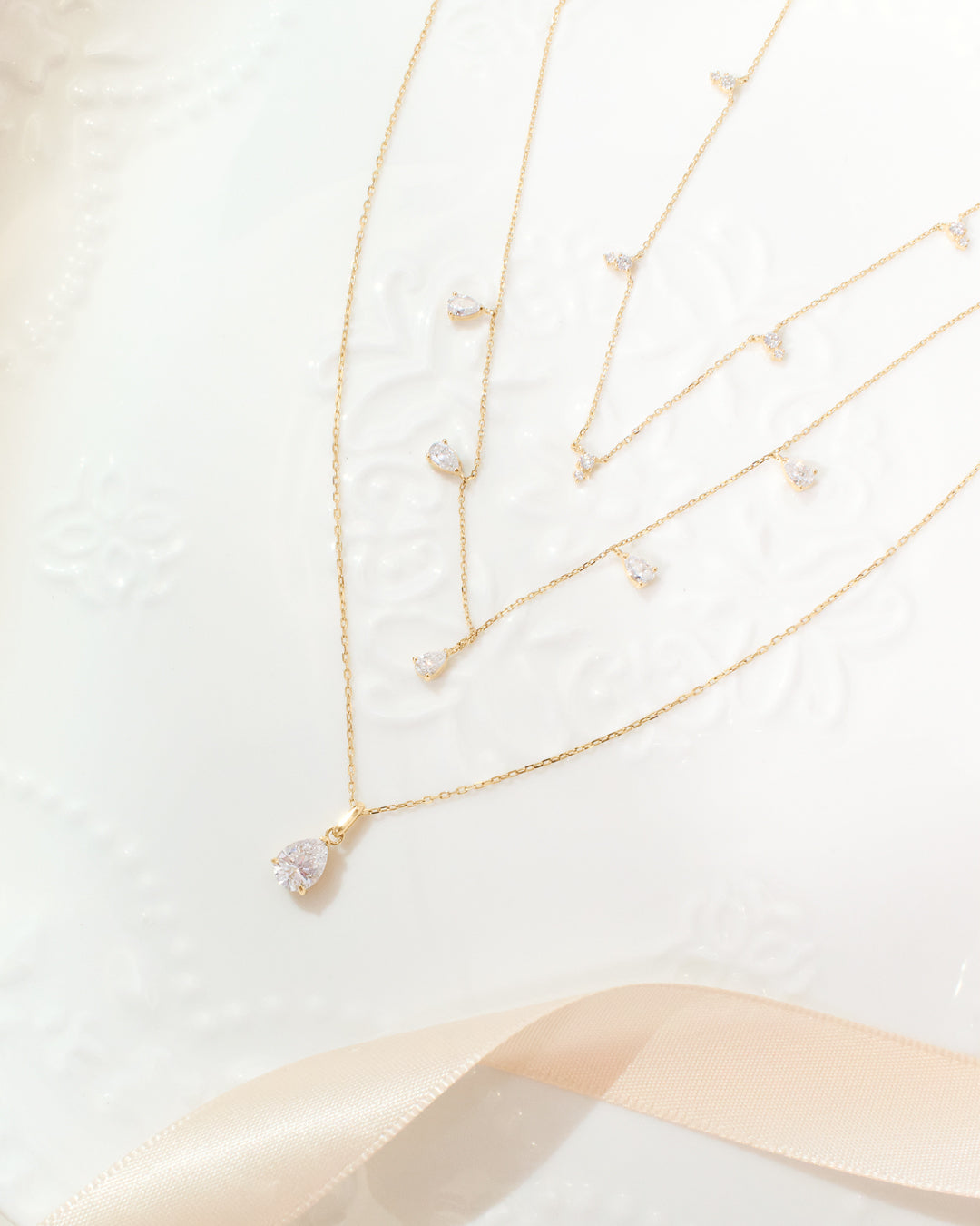 Close-up of solitaire pear lab-grown diamond necklace, a sustainable and sparkling gift idea