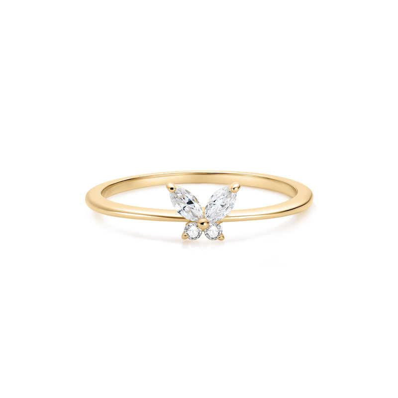 Butterfly-shaped ring in 14K gold with marquise and round lab-grown diamonds, symbolizing transformation and grace