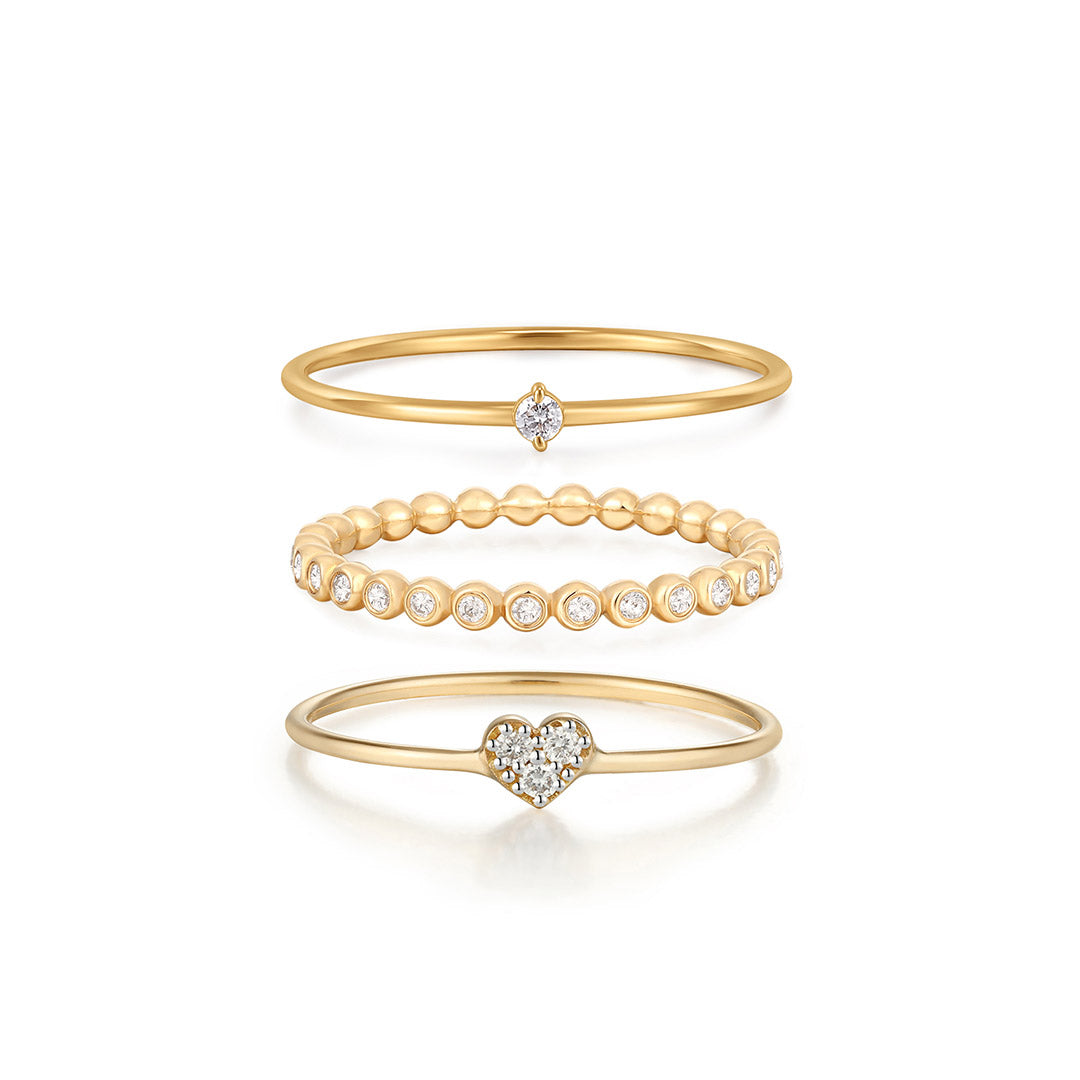 Diamond & Bead & Heart Ring Set