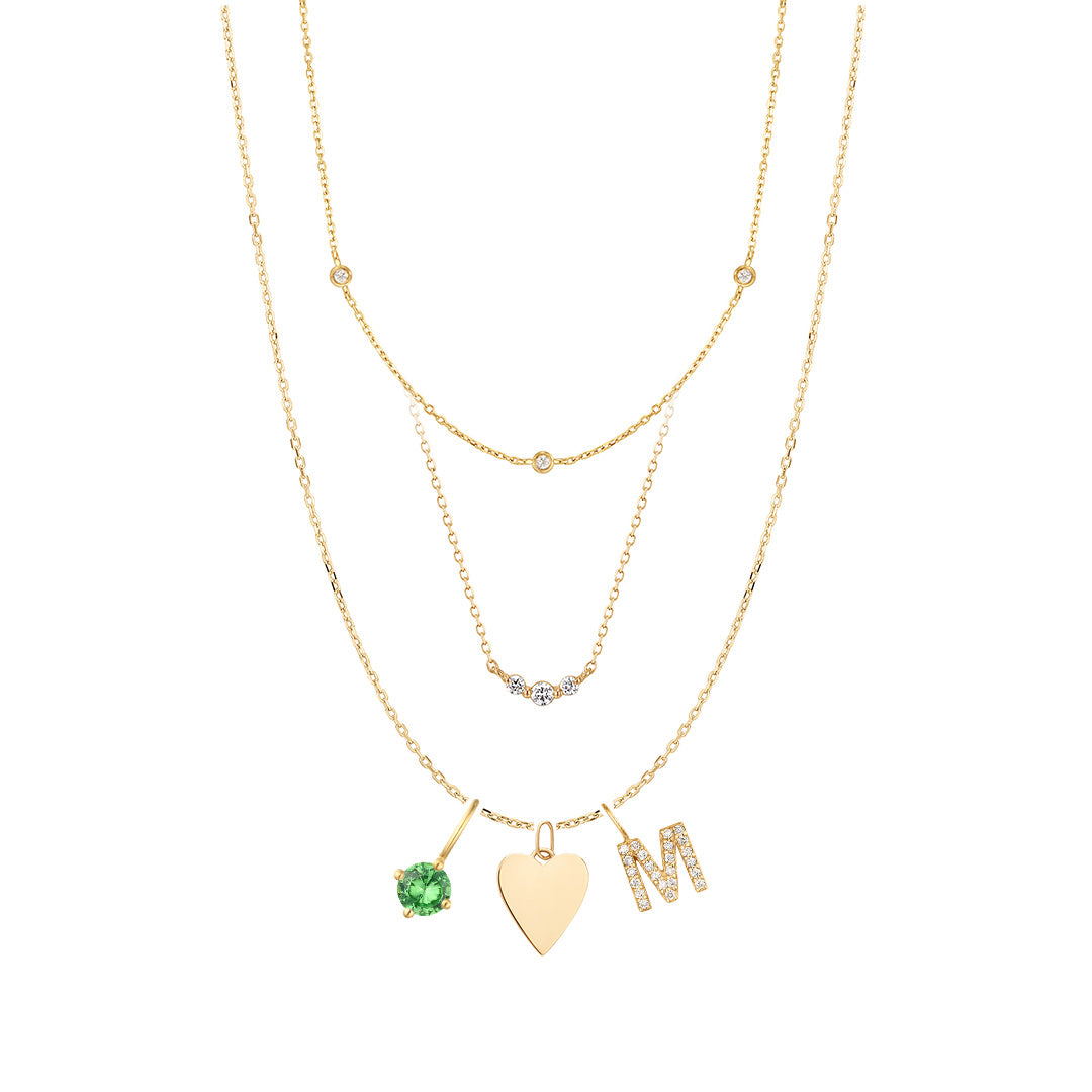 Diamond & Heart & Initial Charm Necklace Set
