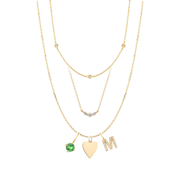 Diamond & Heart & Initial Charm Necklace Set