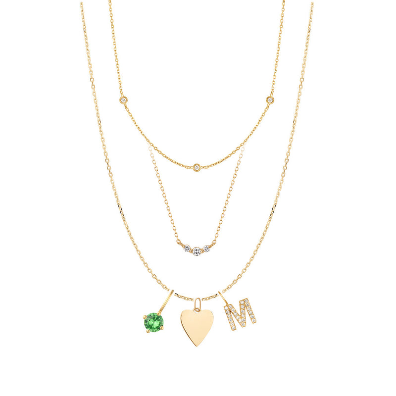 Diamond & Heart & Initial Charm Necklace Set