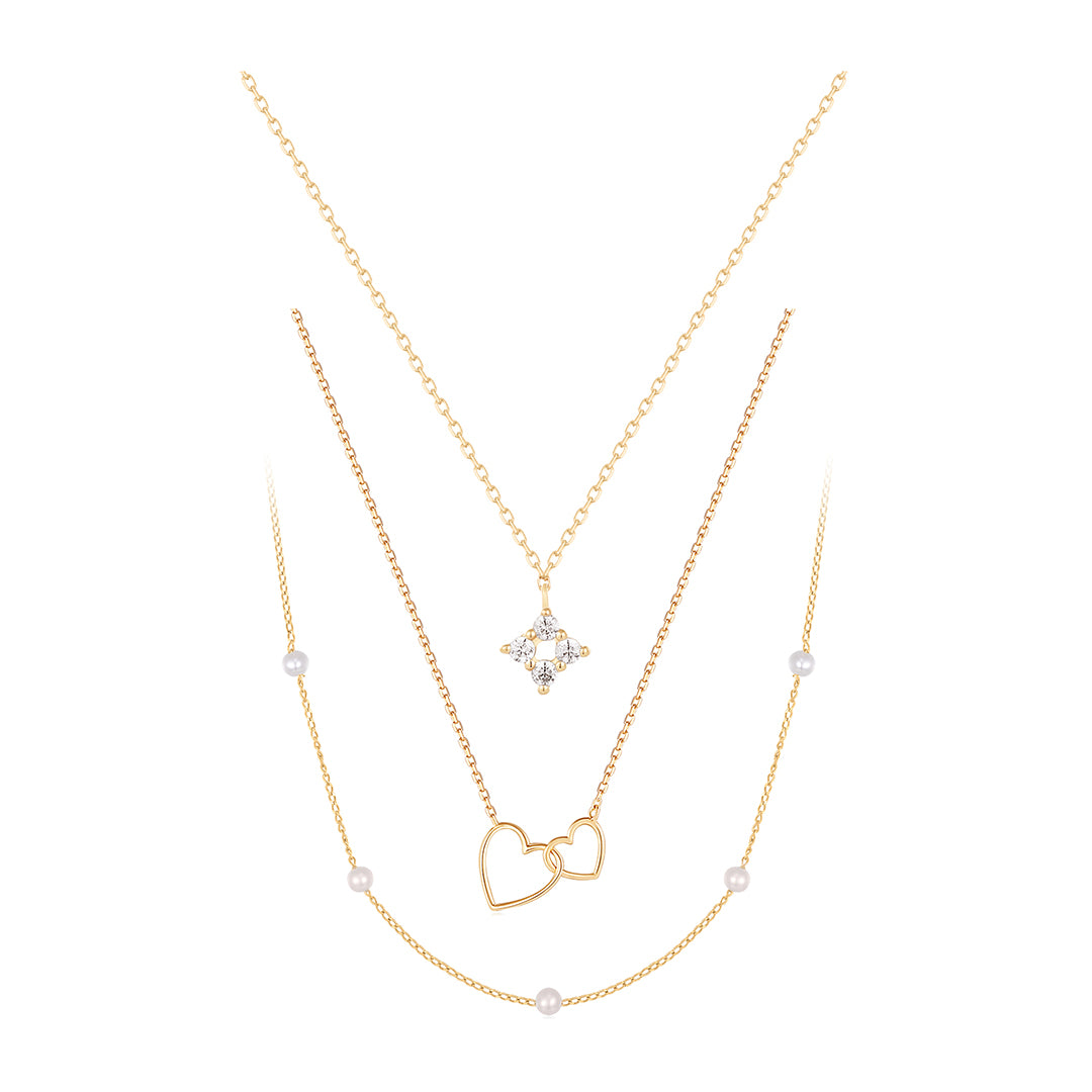 Diamond, Pearl & Interlocked Hearts Necklace Set