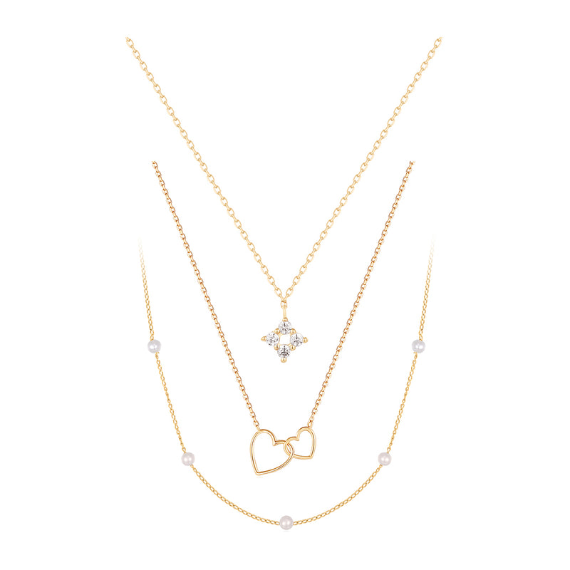 Diamond, Pearl & Interlocked Hearts Necklace Set