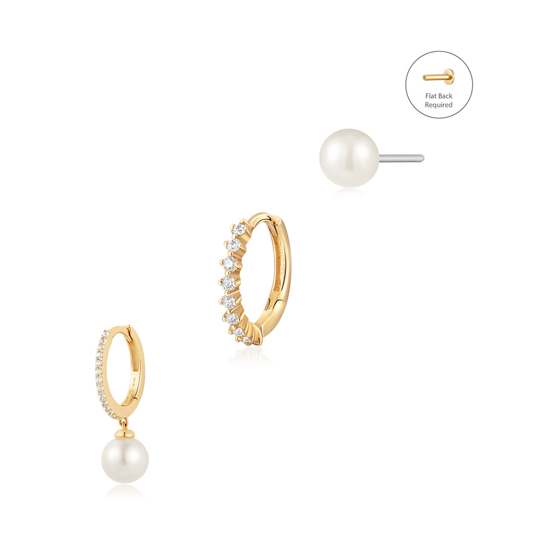 Diamond & Pearl Piercing Huggie Earring Set