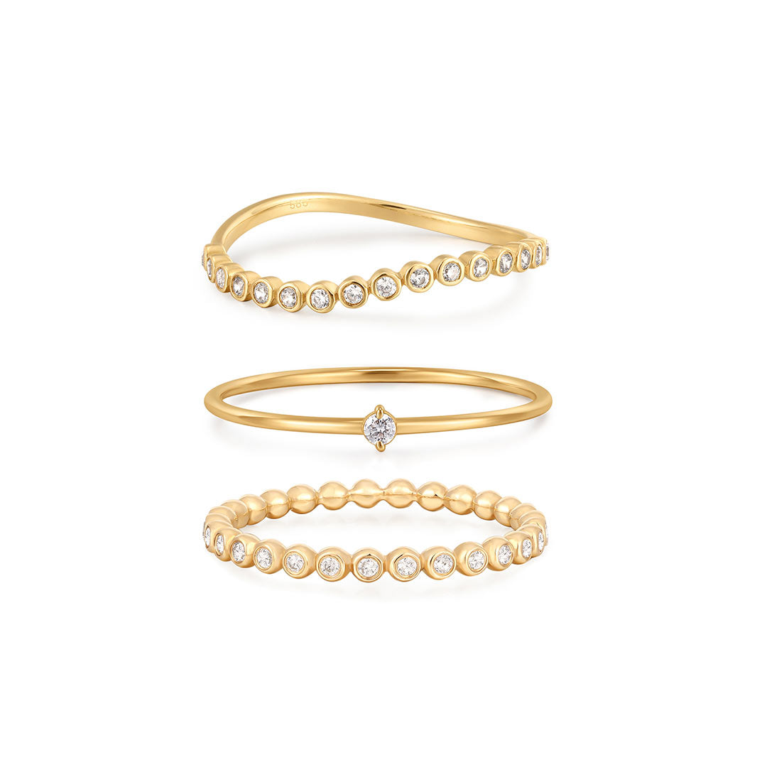 Diamond & Wave & Bead Ring Set