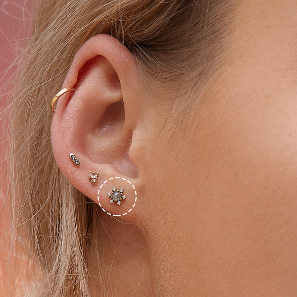 14k solid gold Grey Diamond and White Sapphire Starburst Stud Single Earring