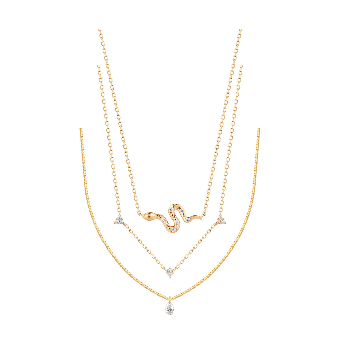 Pear Shape & Triple Diamond Snake Necklace Set