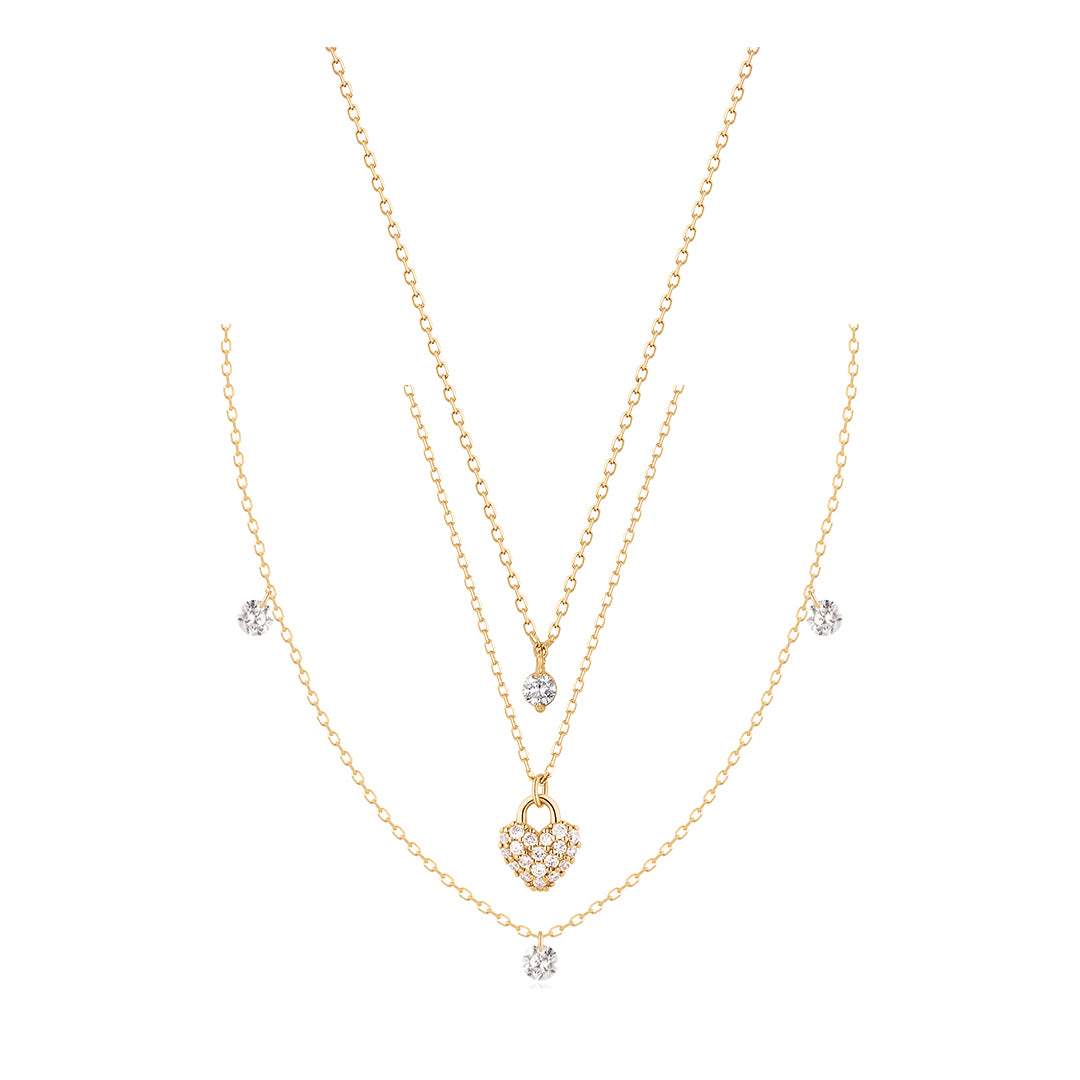 Solitaire, Triple Diamond & Heart Necklace Set