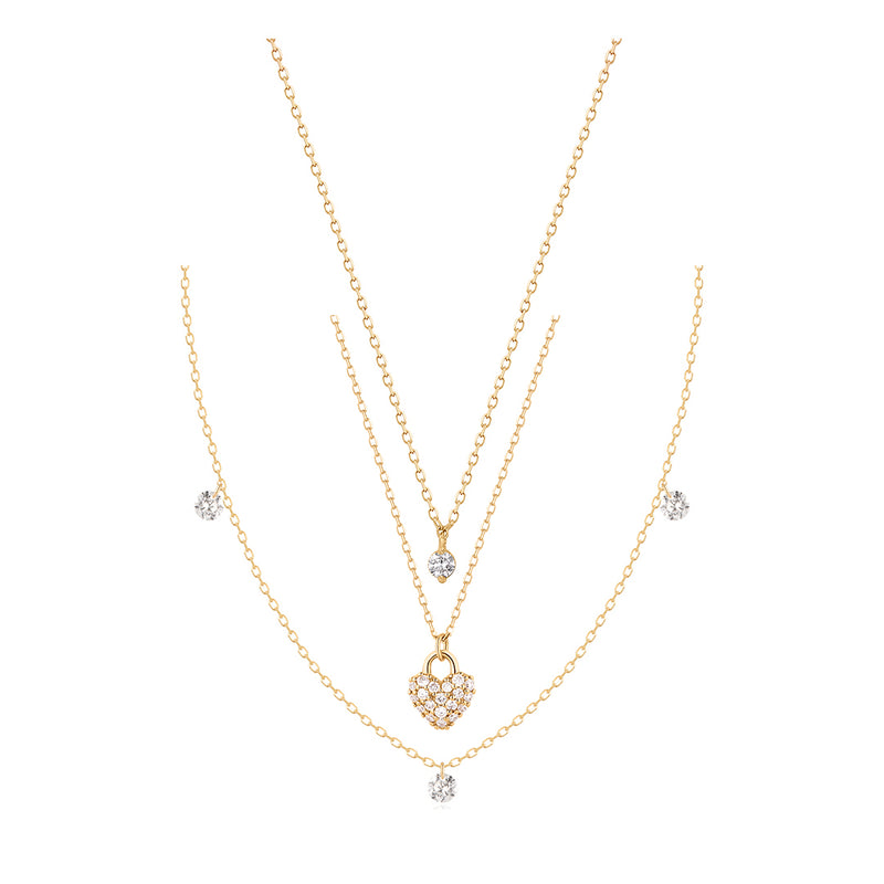Solitaire, Triple Diamond & Heart Necklace Set
