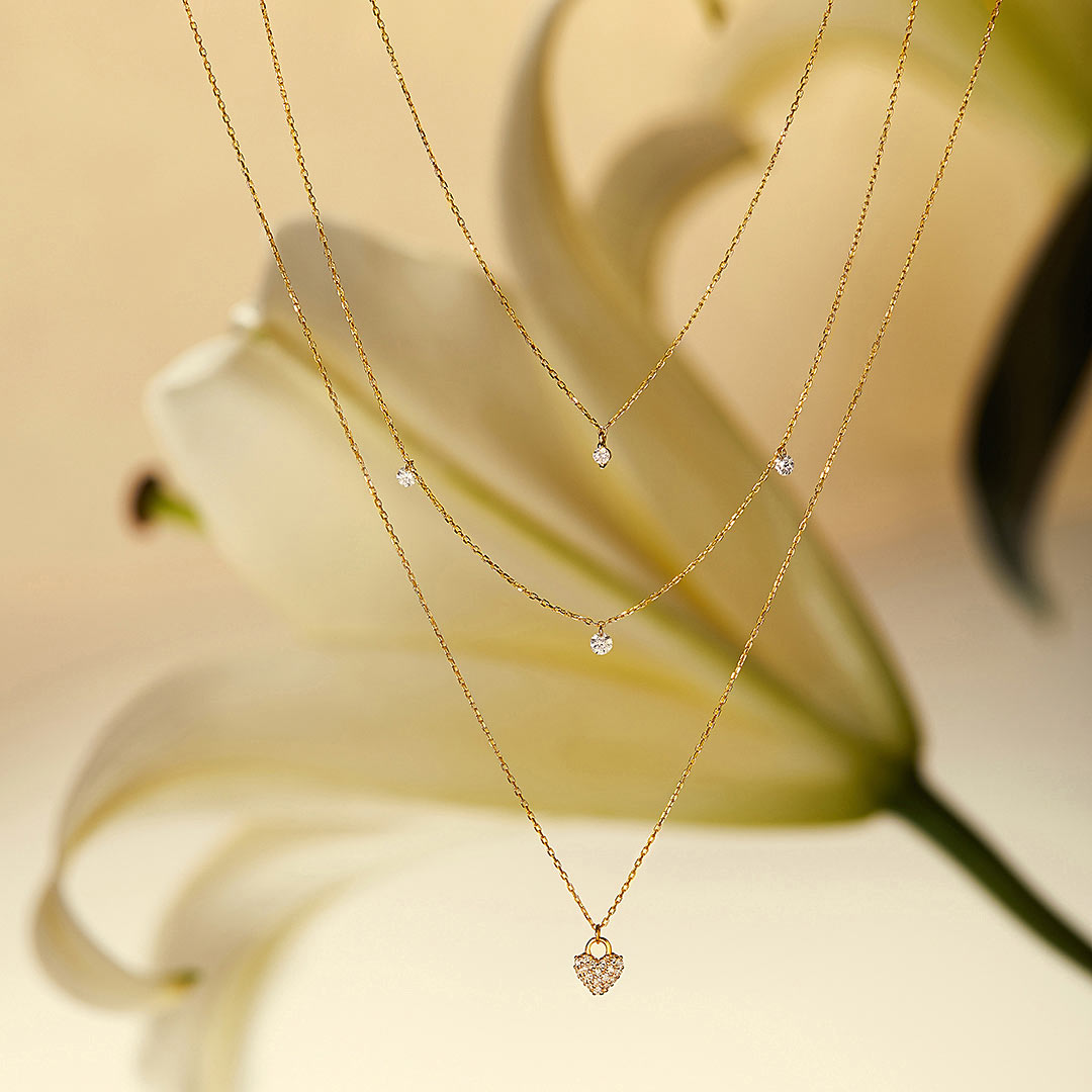 Solitaire, Triple Diamond & Heart Necklace Set